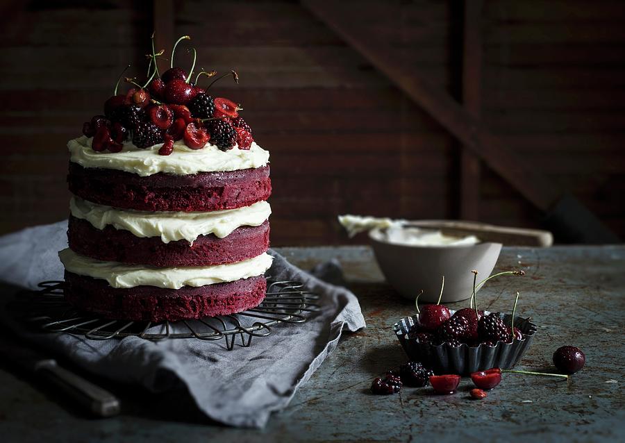 A Red Velvet Cake With Berries And Cherries Photograph by The Kate Tin