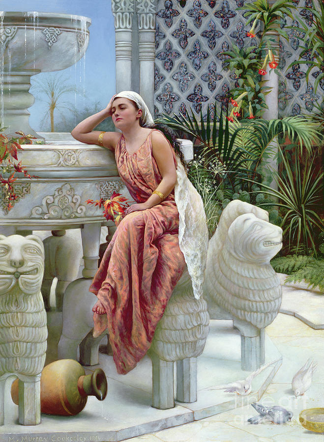 A Restful Moment By The Lion Fountain At The Alhambra, Spain, 1894 Painting by Margaret Murray Cookesley
