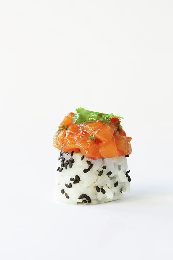 A Rice Canap With Black Sesame Seeds And Salmon Tatar Photograph by Emel Ernalbant