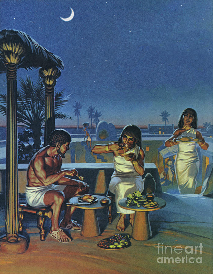 A rich Egyptian landowner eating dinner on the roof of his home Painting by Angus McBride