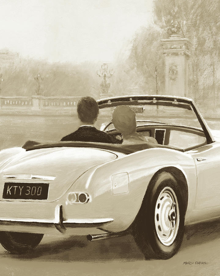 Car Painting - A Ride In Paris II Sepia Crop by Marco Fabiano