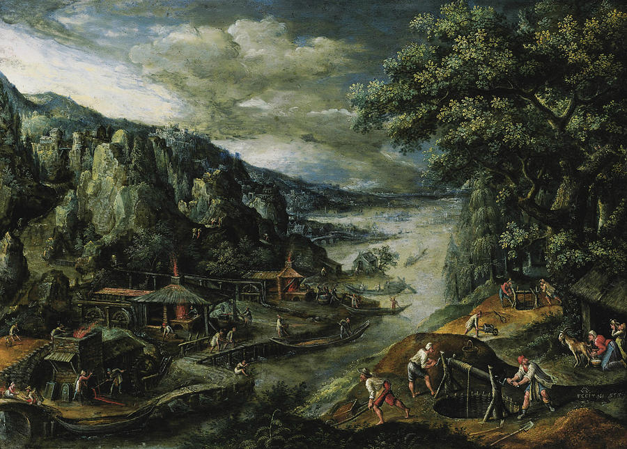 A River Valley with Iron Mining Scenes Painting by Marten van Valckenborch