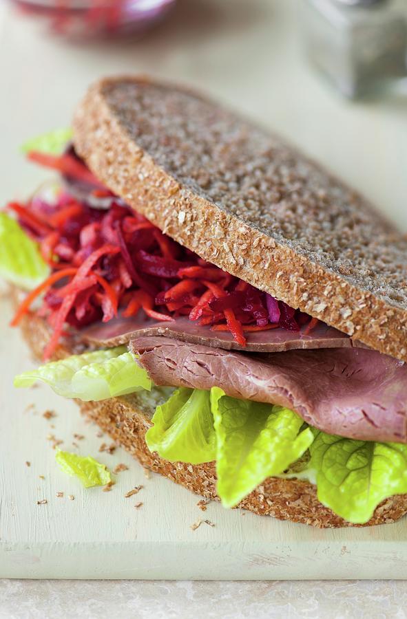 A Roast Beef Sandwich, Coleslaw And Lettuce Photograph by Jonathan Short
