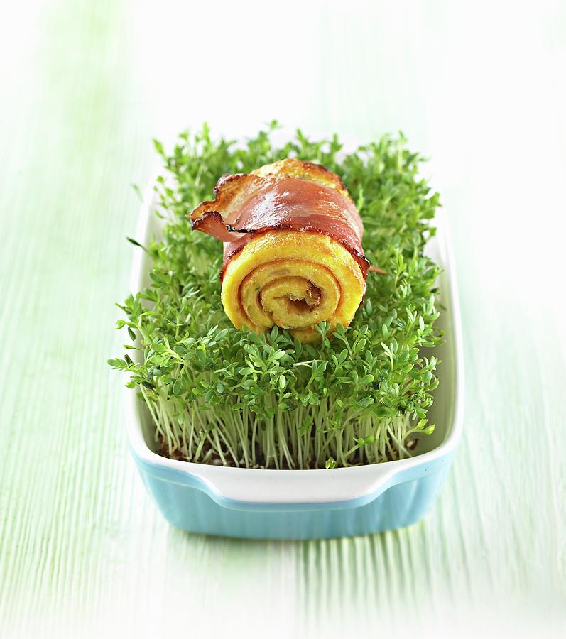 A Rolled Pancake With Bacon On A Bed Of Cress For Easter Photograph by Magdalena & Krzysztof Duklas