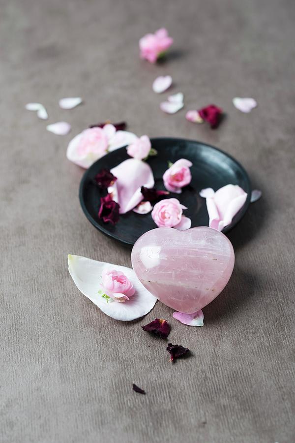 A Rose Quartz With Rose Petals Photograph by Mandy Reschke