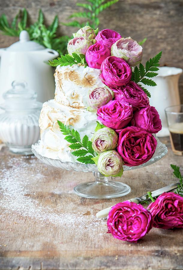 A Rose Water Layer Cake With Meringue And Pink Roses Photograph by Irina Meliukh
