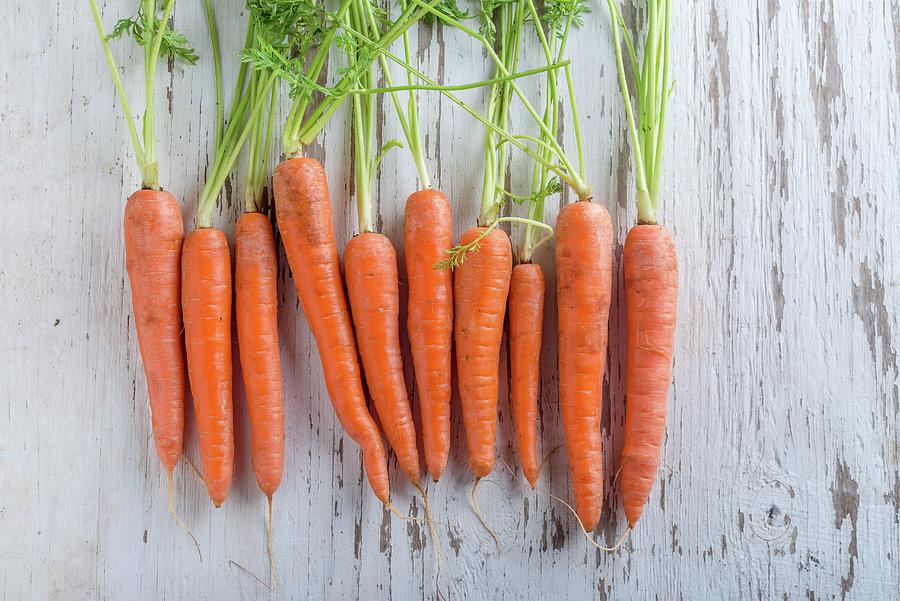 A Row Of Carrots On A White Wooden Board Photograph by Nitin Kapoor