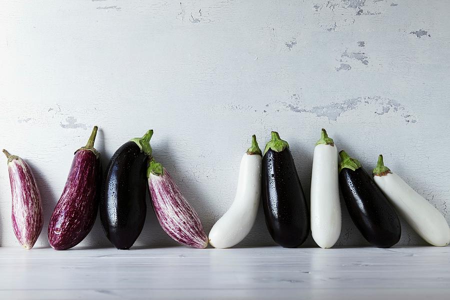 A Row Of Various Aubergines white, Purple And Stripped Photograph by Christopher Mick