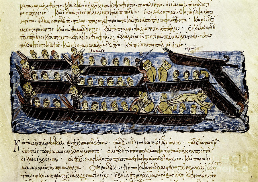 A Russian Fleet, Miniature From synopsis Historiarum, C.1126-1150, 12th Century Painting by John Scylitzes
