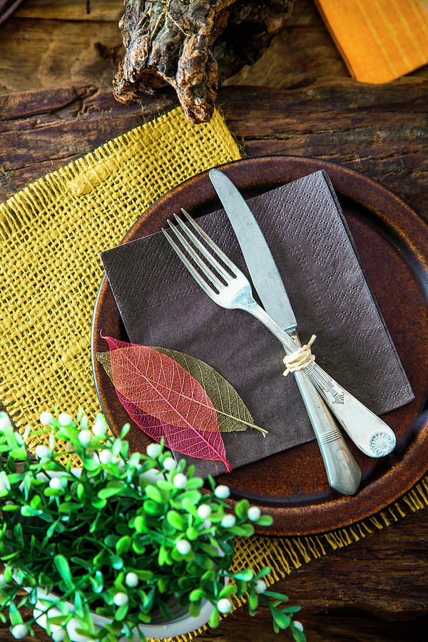 A Rustic Spring Place Setting Decorated With Leaves And Green Plants Photograph by Mythja