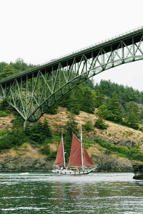 Nature Photograph - A Sailboat Under The Deception Pass Bridge In Anacortes, Washington by Cavan Images