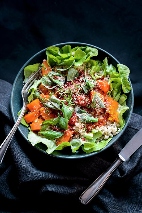 A Salad Bowl With Lettuce, Pumpkin And Quinoa Photograph by Leah Bethmann