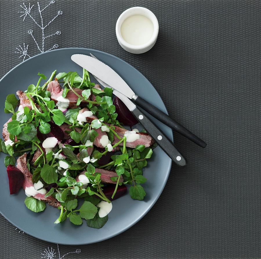 A Salad Of Grilled Lamb, Watercress, Beetroot And Aioli Photograph by Young, Andrew