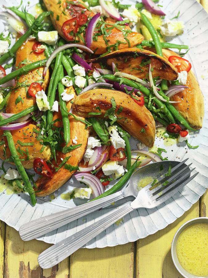 A Salad With Roasted Sweet Potatoes, Green Beans, Feta Cheese And Red Onions Photograph by Jonathan Gregson
