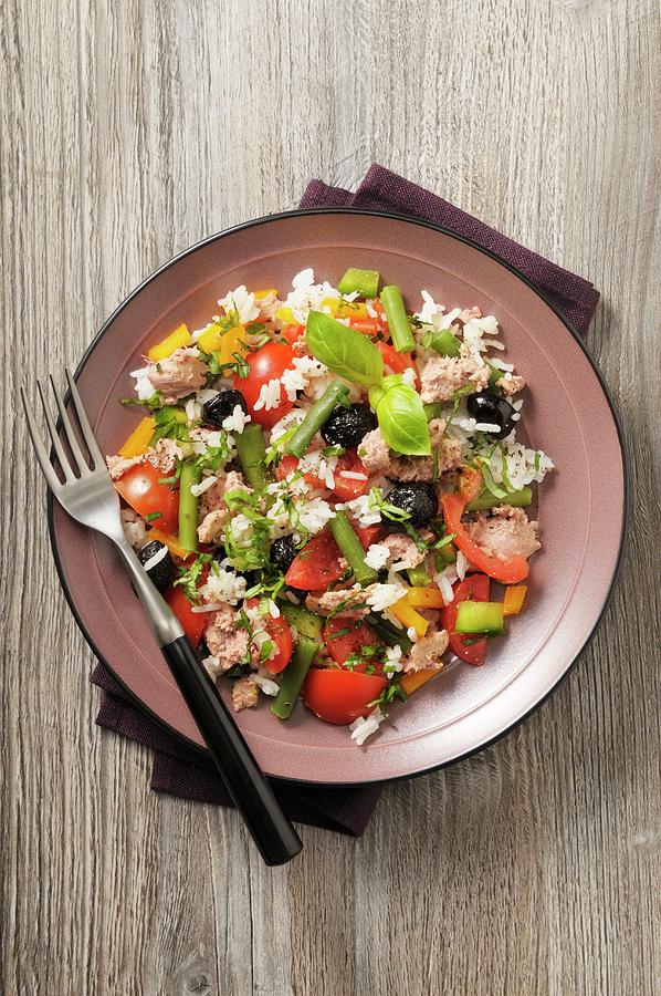 A Salad With Tuna, Rice, Tomatoes, Beans, Peppers And Olives Photograph by Jean-christophe Riou