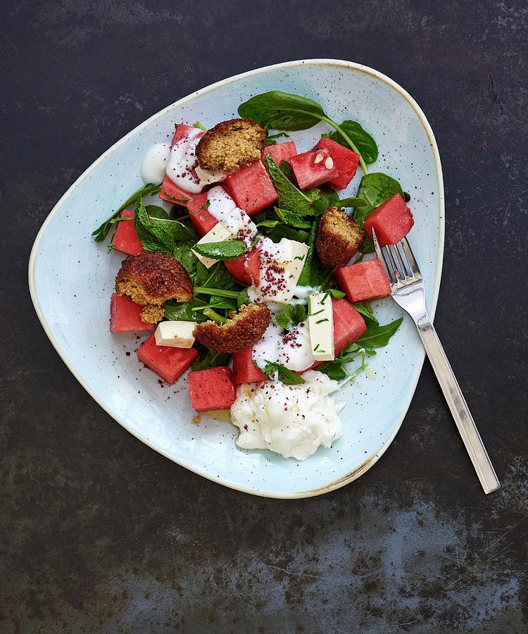 A Salad With Watermelon, Feta, Spinach And Falafel lebanon Photograph by Robbert Koene