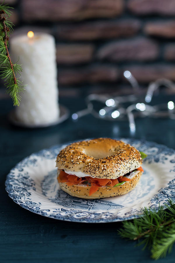 A Salmon And Cream Cheese Bagel For Breakfast On Christmas Day Photograph by Aniko Takacs