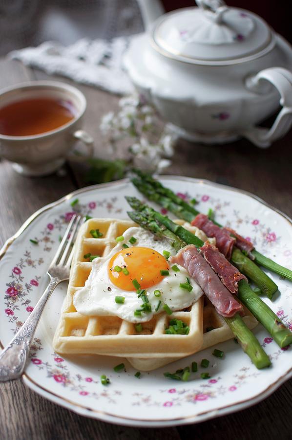 A Savoury Waffle With A Fried Egg, Asparagus Wrapped In Ham And Chives Photograph by Kachel Katarzyna