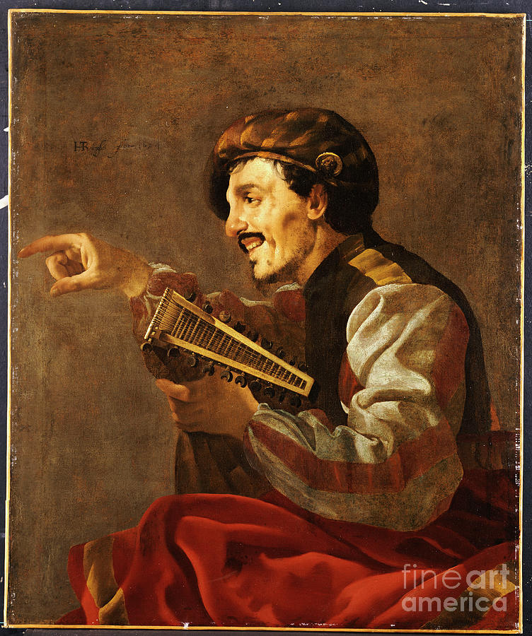 A Seated Lutanist Pointing Painting by Hendrick Ter Brugghen