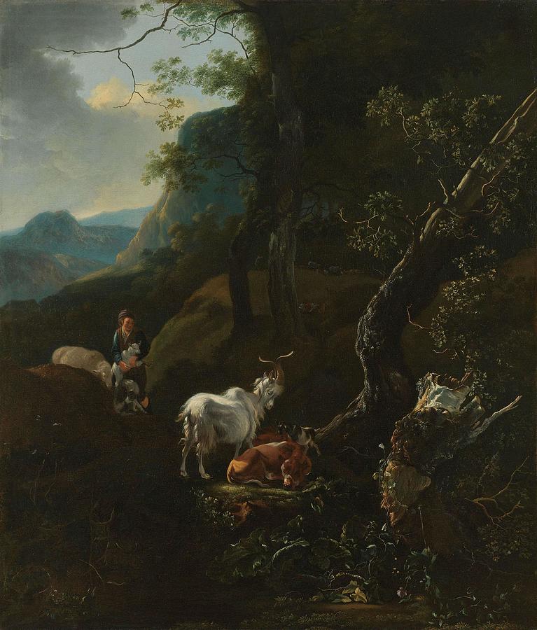Animal Painting - A Sherpherdess with Animals in a Mountainous Landscape. by Adam Pijnacker