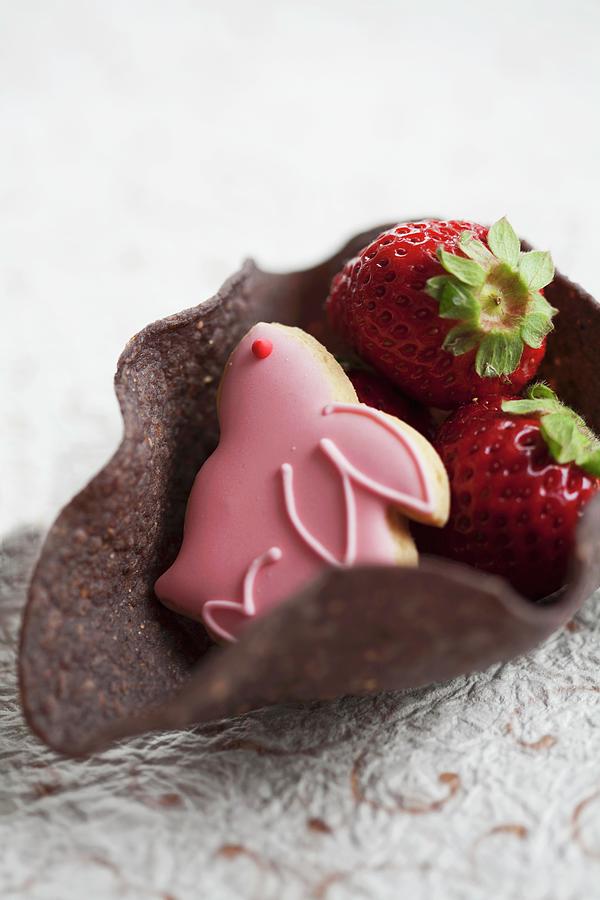 A Shortcrust Pastry Basket With Fresh Strawberries And A Rabbit-shaped Biscuit Photograph by Schindler, Martina