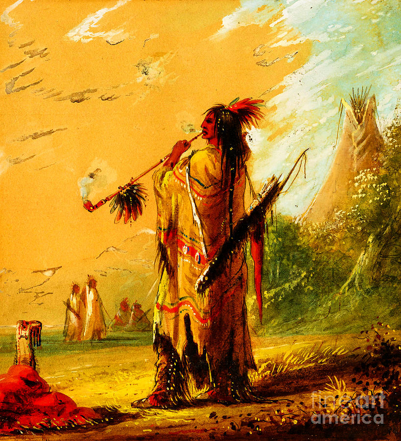 A Shoshone Indian Smoking Painting by Peter Ogden