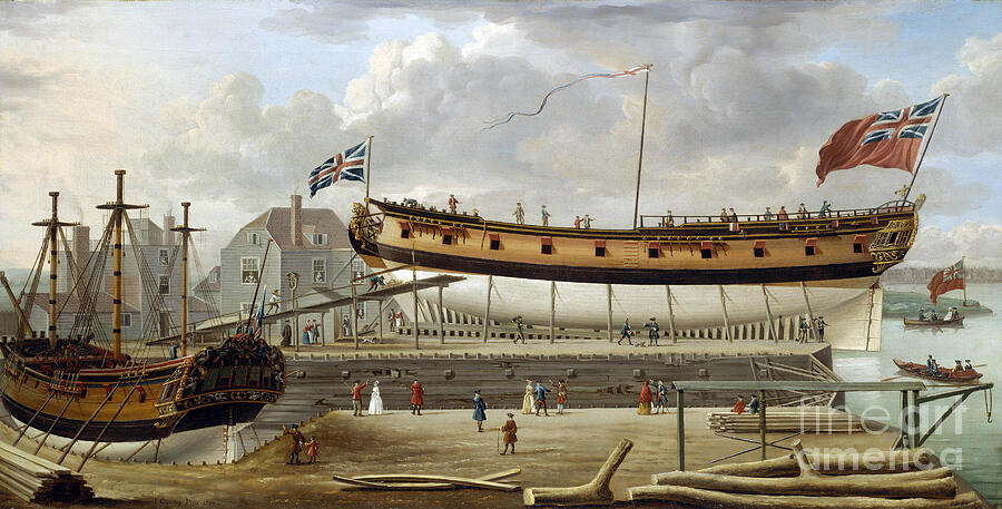 A Sixth Rate Ship Sixth Rate, A British Royal Navy Warship, In Dry Dock Painting by John The Elder Cleveley