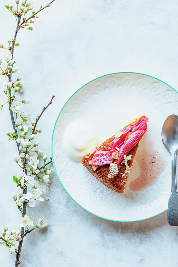 A Slice Of Almond Sponge With Roasted Rhubarb Photograph by Magdalena Hendey