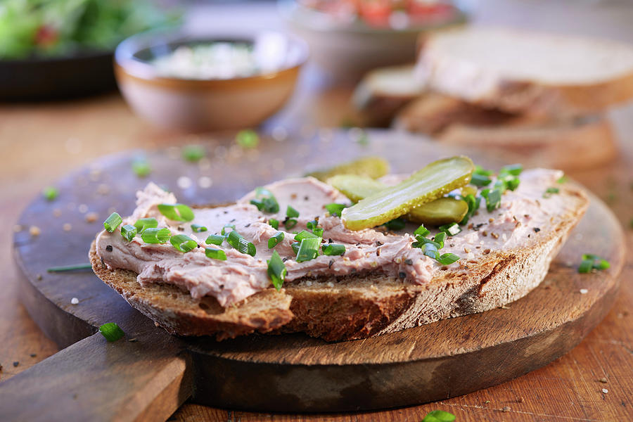 A Slice Of Bread Spread With Liver Pâté And Topped With Chives And ...