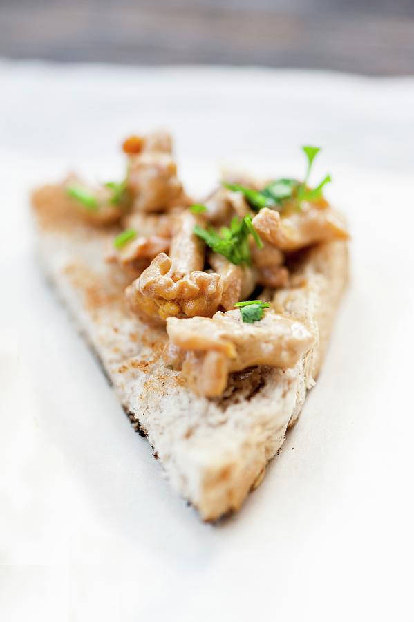 A Slice Of Bread With Chanterelle Mushrooms And Sour Cream Photograph by Gabriela Lupu
