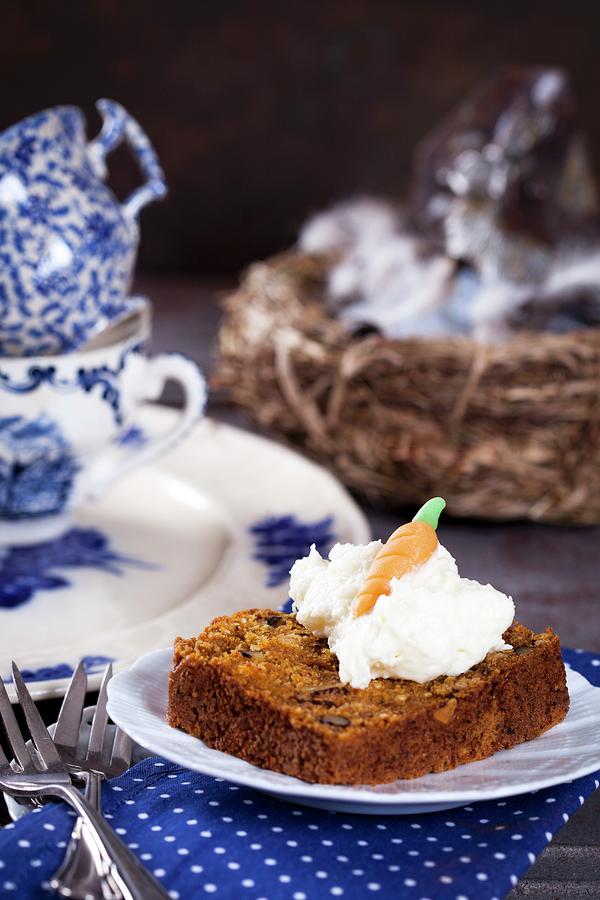 A Slice Of Coconut, Walnut And Carrot Cake With Coconut Cream And Coconut Flour Sugar For Easter Photograph by Elisabeth Von Plnitz-eisfeld