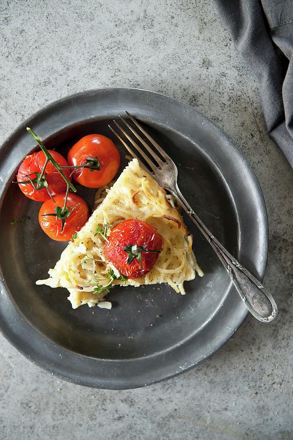 A Slice Of Fennel Gratin With Cherry Tomatoes On A Plate view From Above Photograph by Studer, Veronika