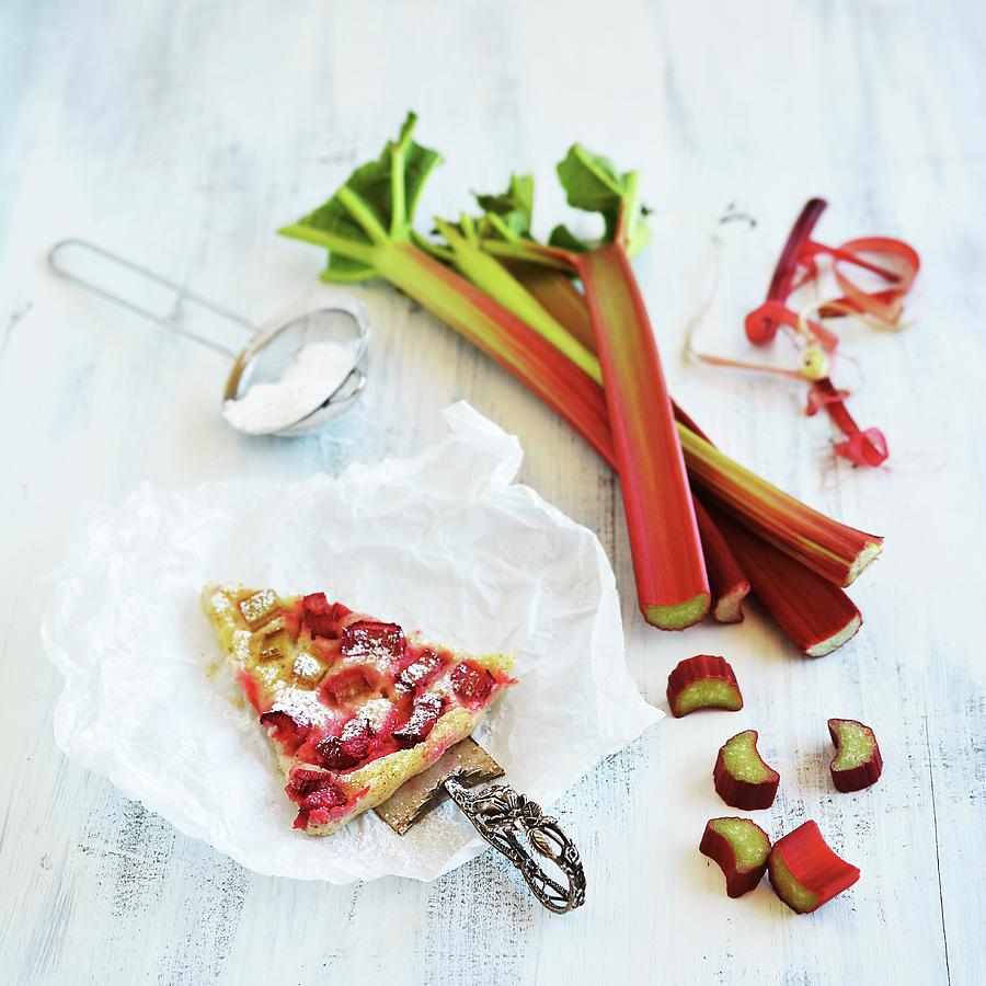 A Slice Of Gluten-free, Vegan Rhubarb Cake On A Cake Stand Photograph by Mariola Streim