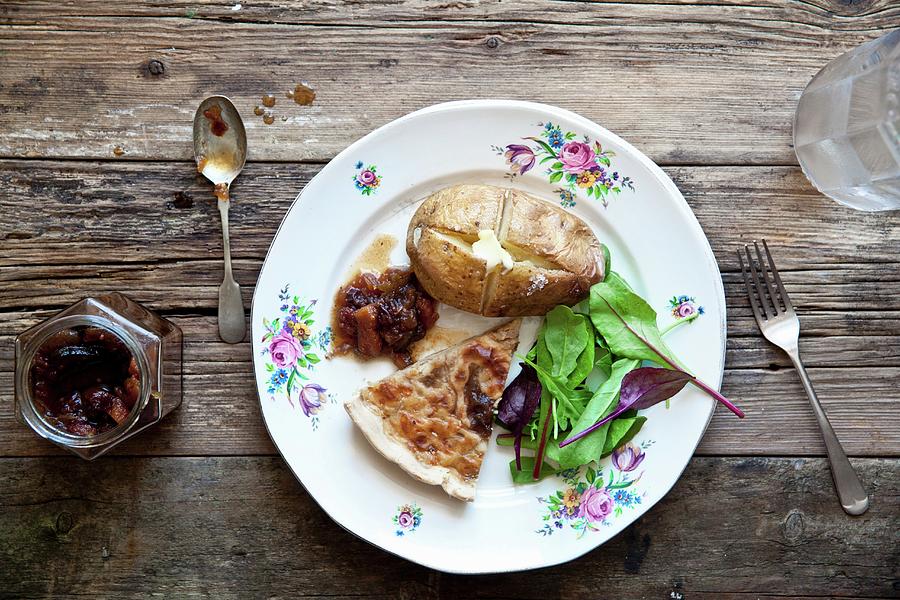 A Slice Of Onion Tart With Baked Potato, Salad And Apple And Courgette Chutney Photograph by George Blomfield