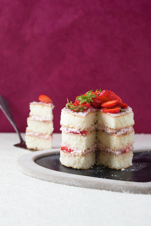 A Sliced Strawberry Cream Cake Photograph by Mandy Reschke