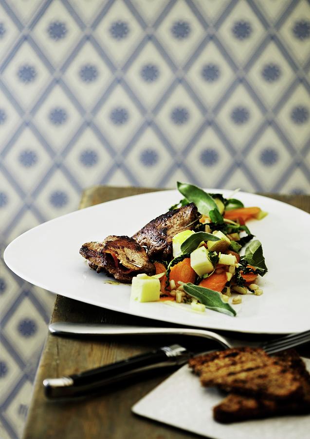 A Small Grilled Skewer With A Vegetable And Herb Salad Photograph by Mikkel Adsbl