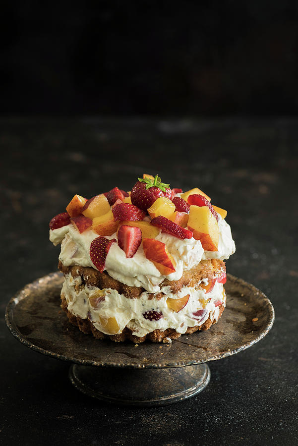 A Small Naked Cake With Peaches, Strawberries And Mascarpone Cream Photograph by M. Nlke