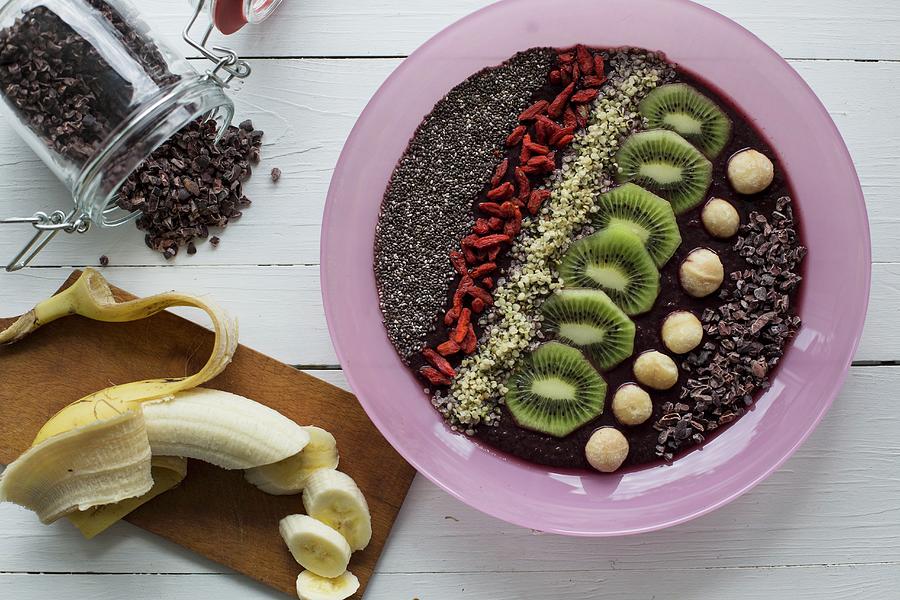 A Smoothie Bowl With Acai Berries And Super Foods seen From Above Photograph by Nicole Godt