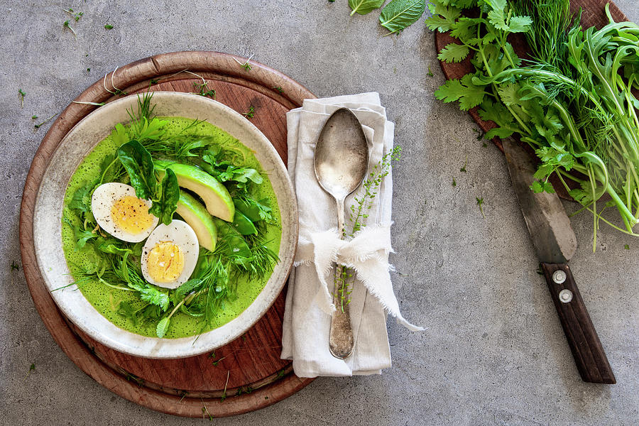 A Smoothie Bowl With Boiled Egg, Avocado And Mange Tout In A Nest Of Herbs Photograph by Food With A View