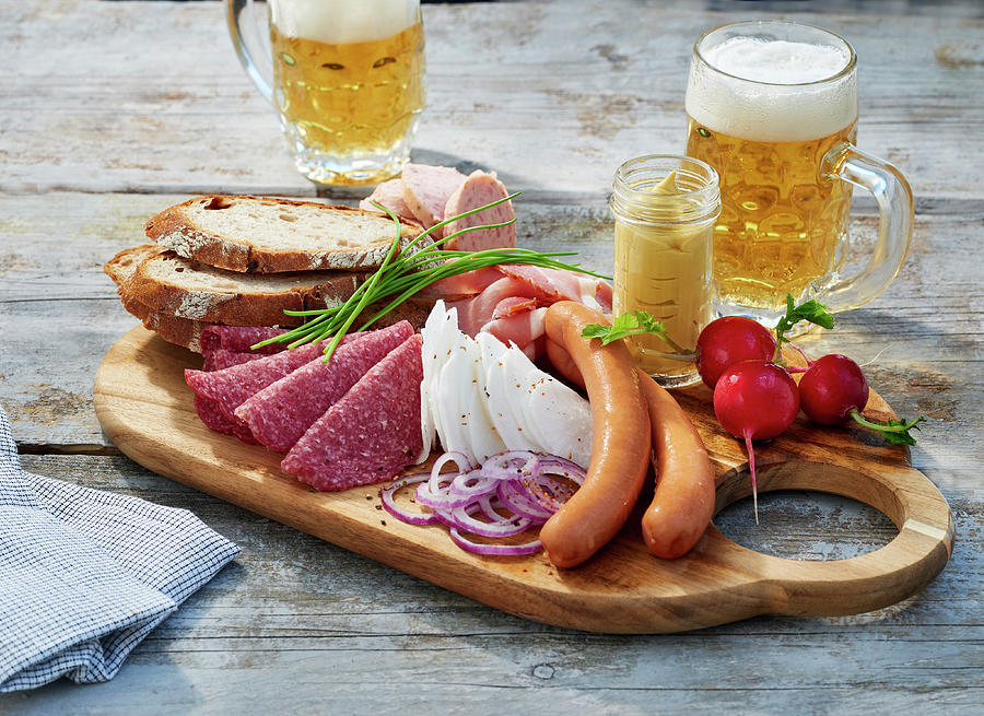 A Snack Board With Sausages, Mustard And Bread Served With Bread Photograph by Stefan Schulte-ladbeck