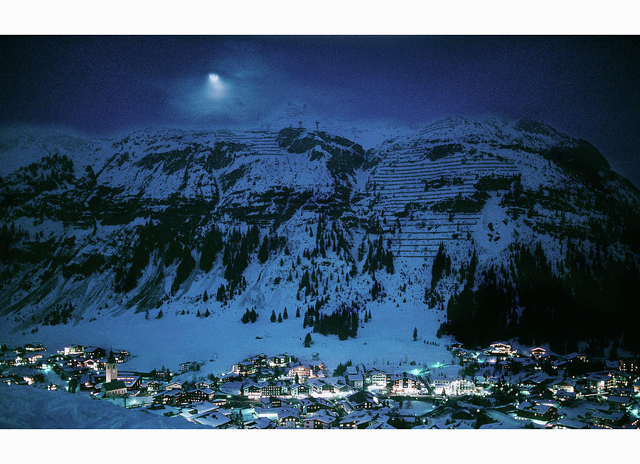 A Snowy Night In A Mountainous Landscape My Moonlight, Lech, Arlberg, Austria Photograph by Torri Tre