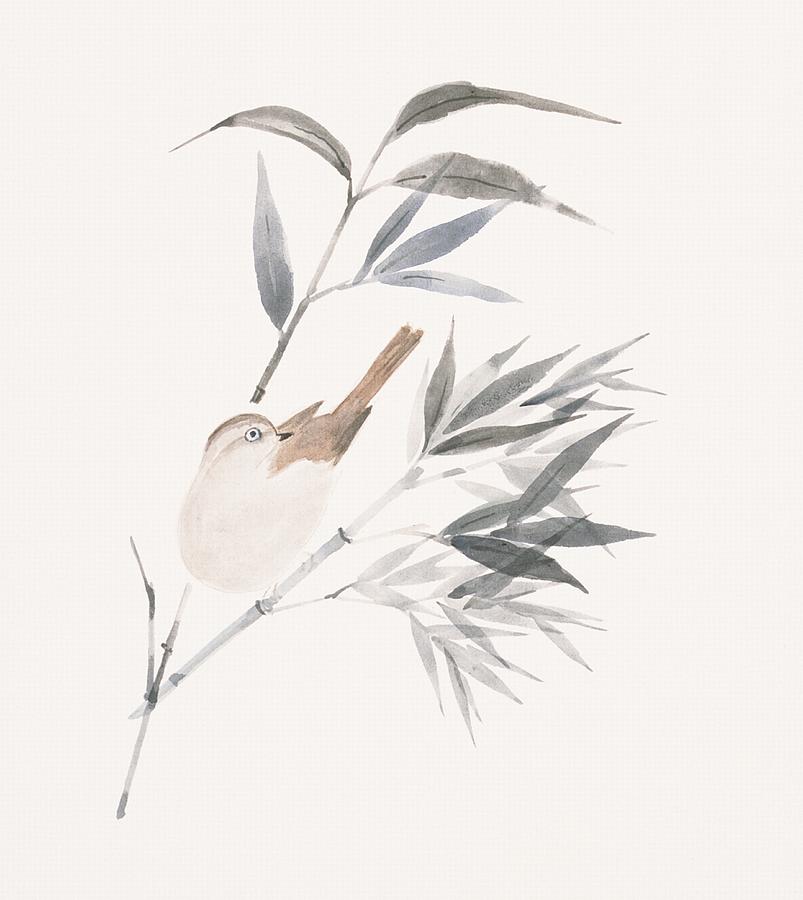 A Sparrow And Bamboo Leaves Digital Art by Daj