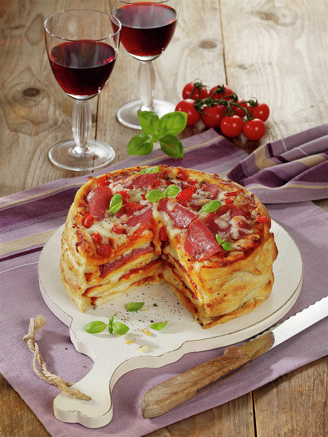 A Spicy Pizza Cake With Peperoni Salami And Mozzarella Photograph by Stockfood Studios / Photoart