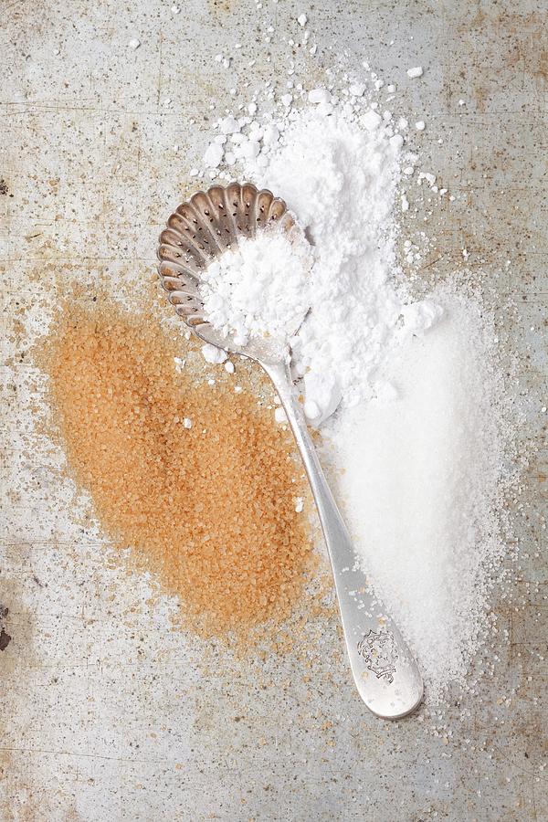 A Spoon And Various Types Of Sugar white Sugar, Brown Sugar And Icing Sugar Photograph by Rua Castilho