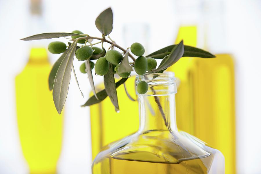 A Sprig Of Olives In A Bottle Of Olive Oil Photograph by Riccardobruni