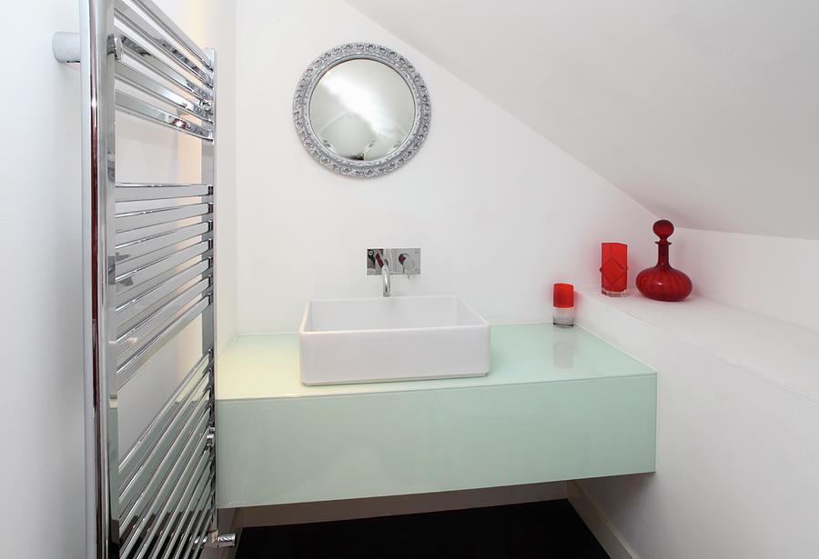 A Square Wash Basin On A Washstand In A White Bathroom In An Attic Photograph by Steven Morris