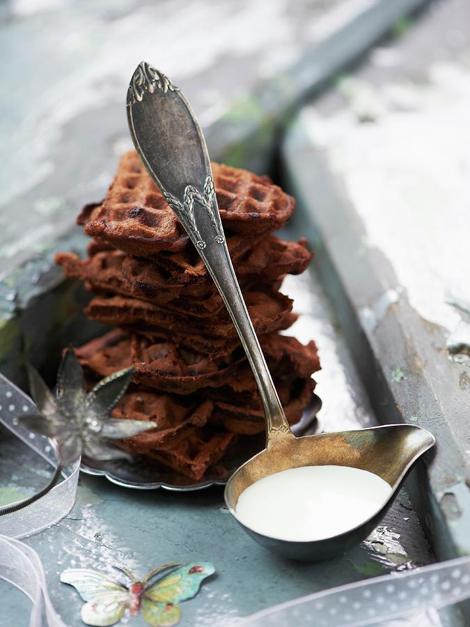 A Stack Of Chocolate Waffles With Cream Photograph by Hannah Kompanik