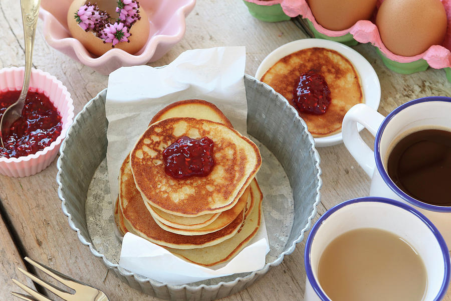 A Stack Of Gluten-free Buckwheat Pancake Made From Quark Dough With Raspberry Jam For An Easter Breakfast Photograph by Regina Hippel