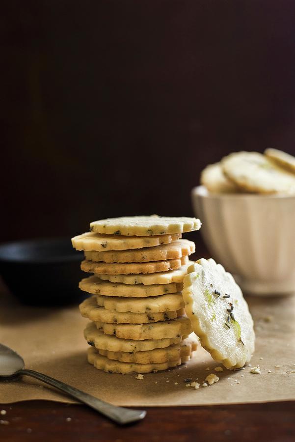 A Stack Of Lavender And Lemon Shortbread Cookies Photograph by The White Ramekins