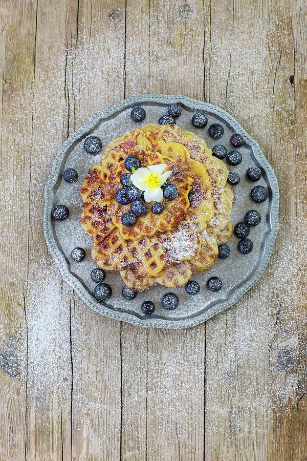 A Stack Of Lemon Buttermilk Waffles With Blueberries Photograph by Tina Engel